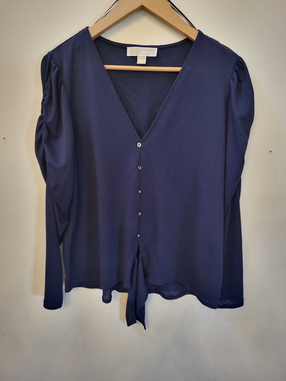 Michael Kors Navy Long-Sleeve V-Neck Buttoned Look-Front Top with Tie